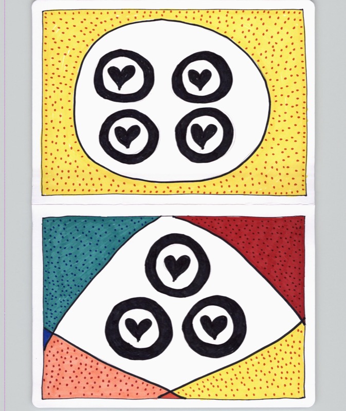 Patient drawing: pop art hearts with dot grids during cataract surgery