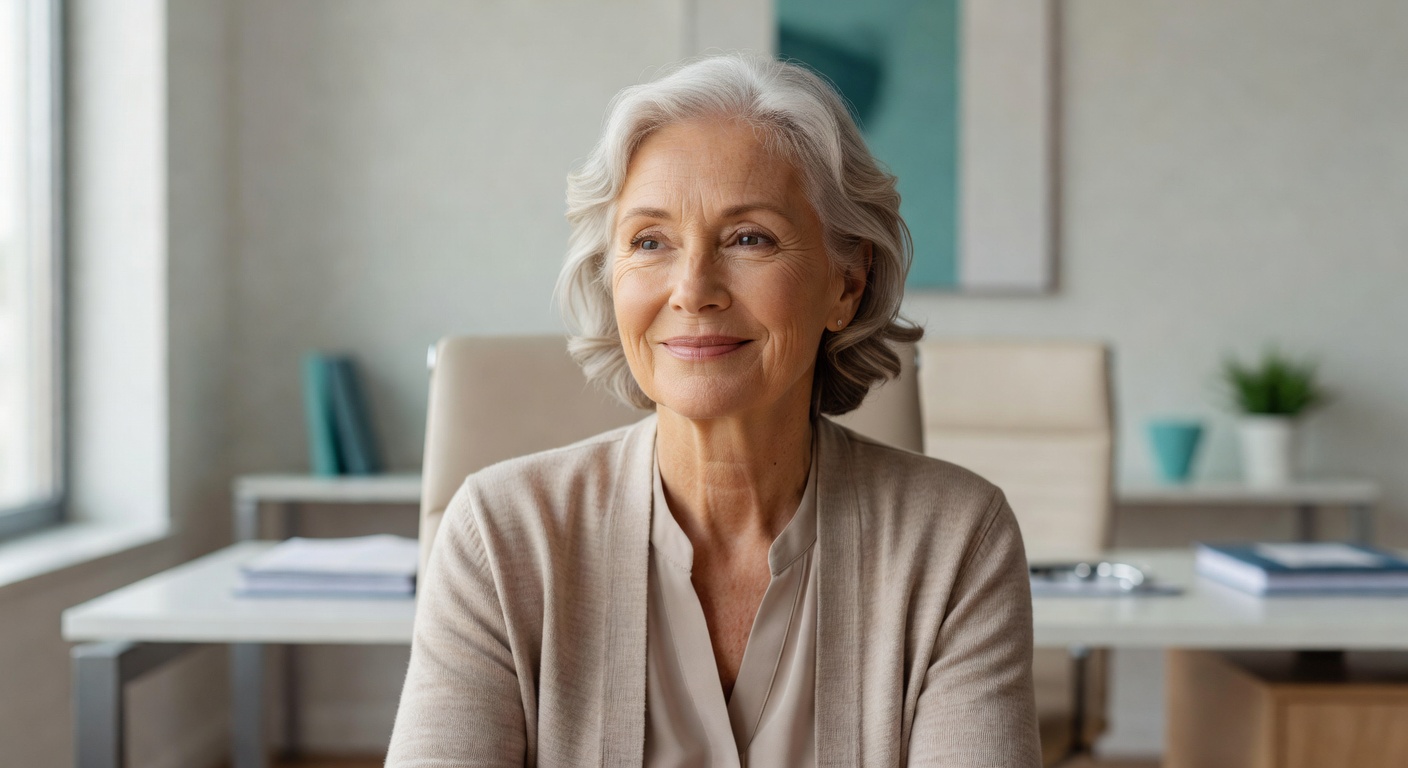 Elderly woman smiling warmly, reflecting a quiet strength despite gradual vision changes