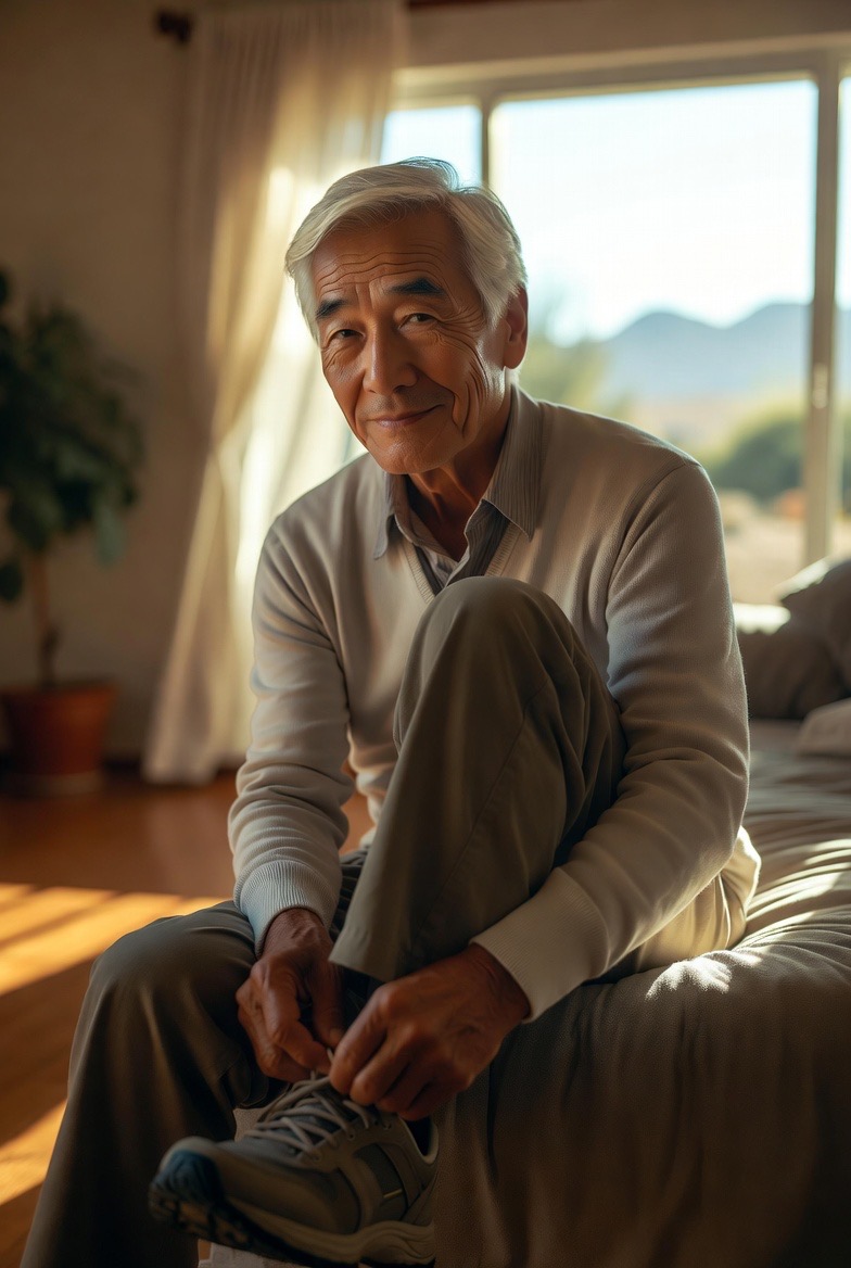 Senior man getting ready for an active day with desert mountains visible through the bedroom window