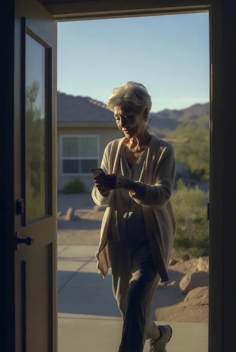 Senior woman reading her smartphone while stepping in from her desert patio with mountain views
