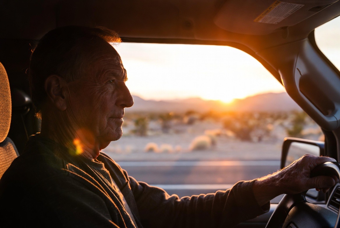 Senior man driving through the desert at sunset with warm golden light on the I-10 corridor