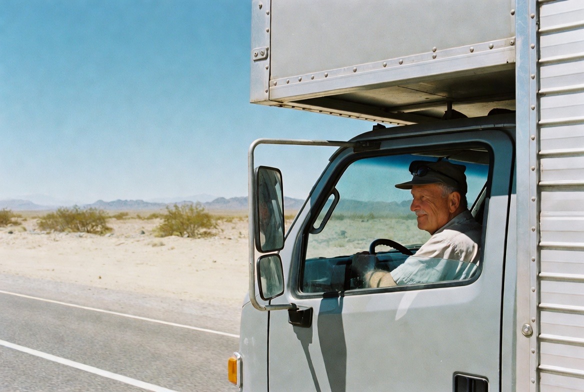 Senior man confidently driving his truck through the open desert highway