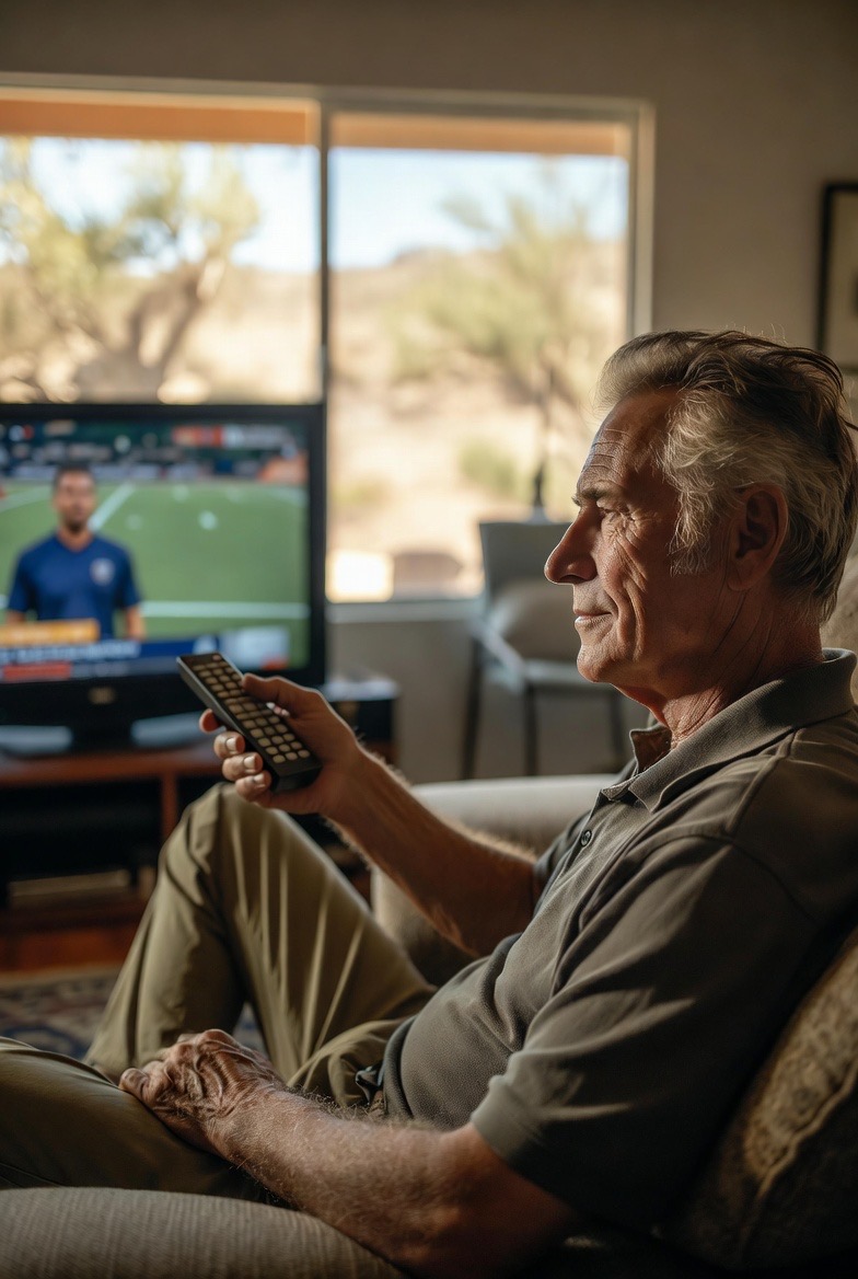 Senior man relaxing at home watching television with a desert mountain view through the window