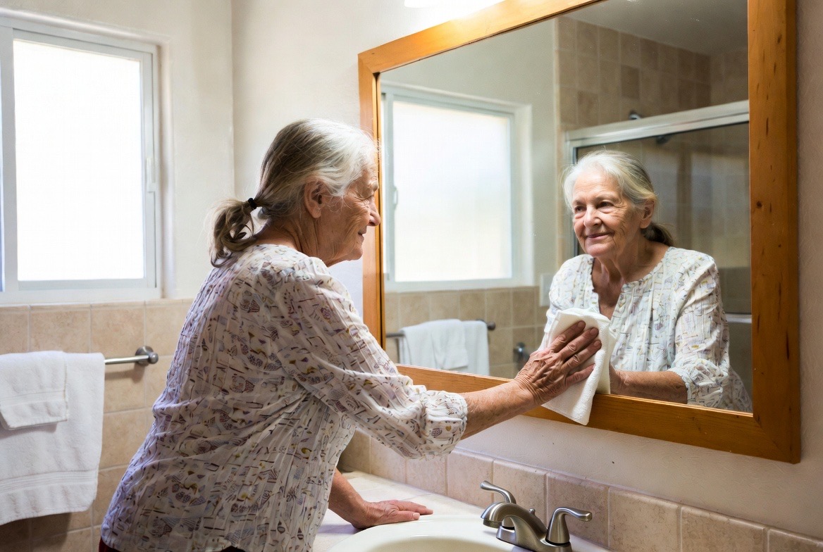 Senior woman polishing a mirror in her bright, modern bathroom, a perfect metaphor for clear vision