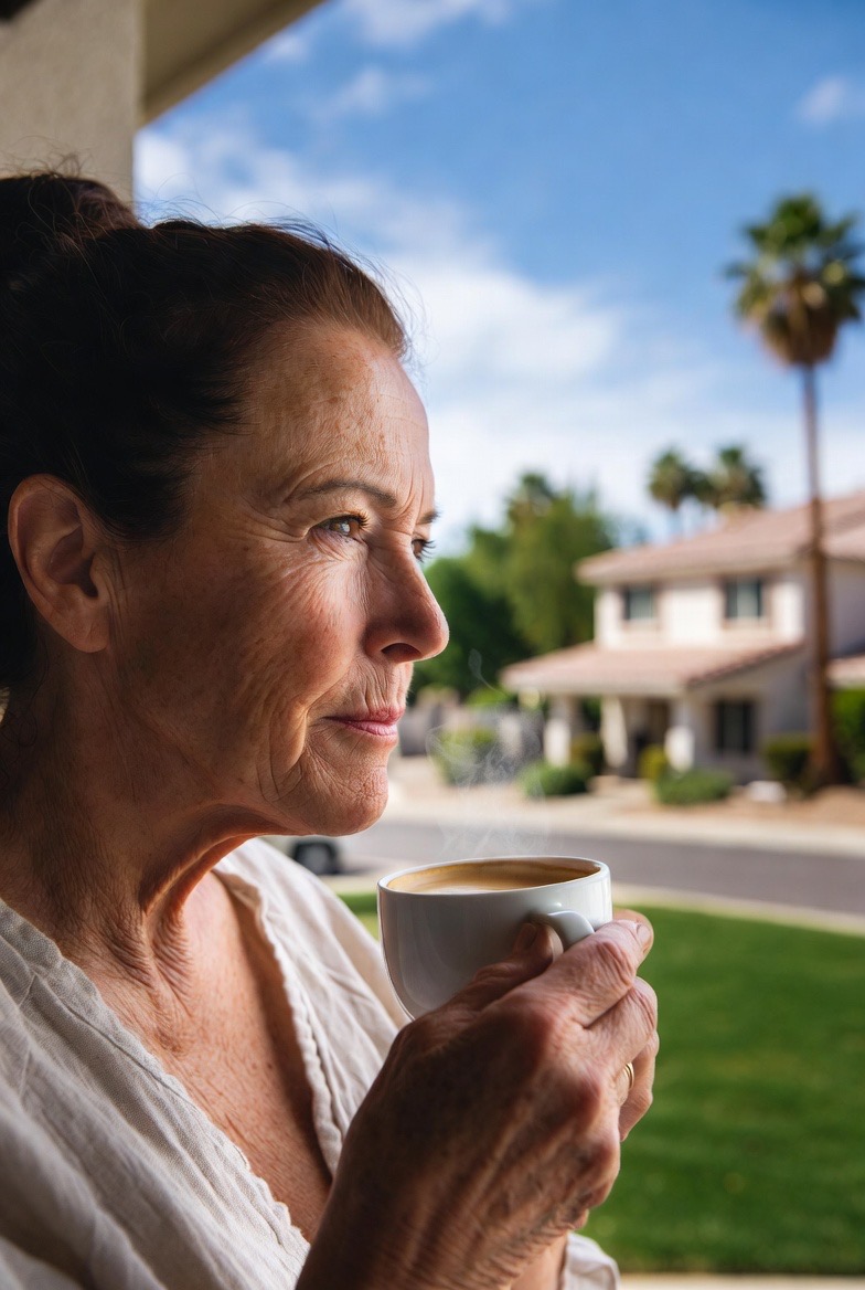 Senior woman enjoying morning coffee on her desert balcony