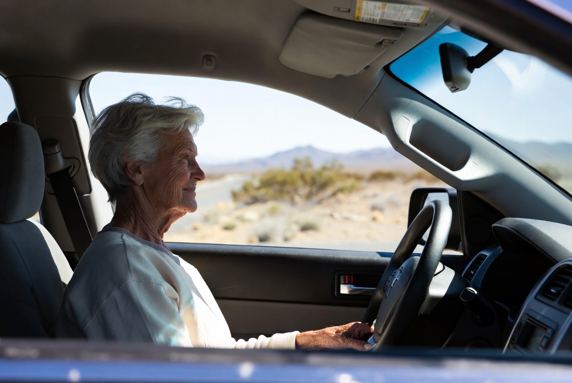 Senior woman driving confidently with the desert landscape visible through her car window