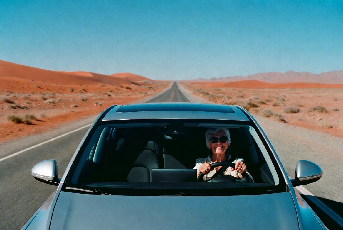 Active senior woman confidently driving through the desert, the kind of clear distance vision that laser-assisted cataract surgery enables