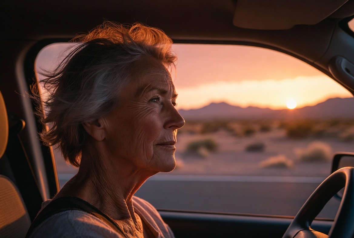Senior woman enjoying a beautiful desert sunset view, the Coachella Valley destination at the end of the drive from Big Bear
