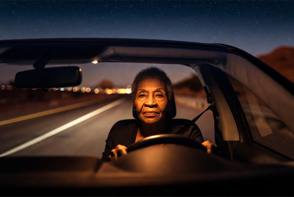 Senior woman driving at night, headlights reflecting on the road ahead