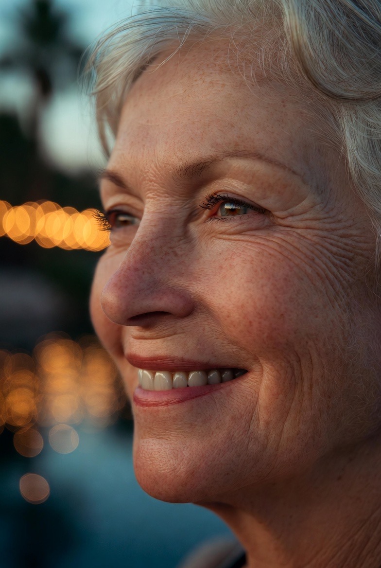 Seniors enjoying evening at a resort under string lights