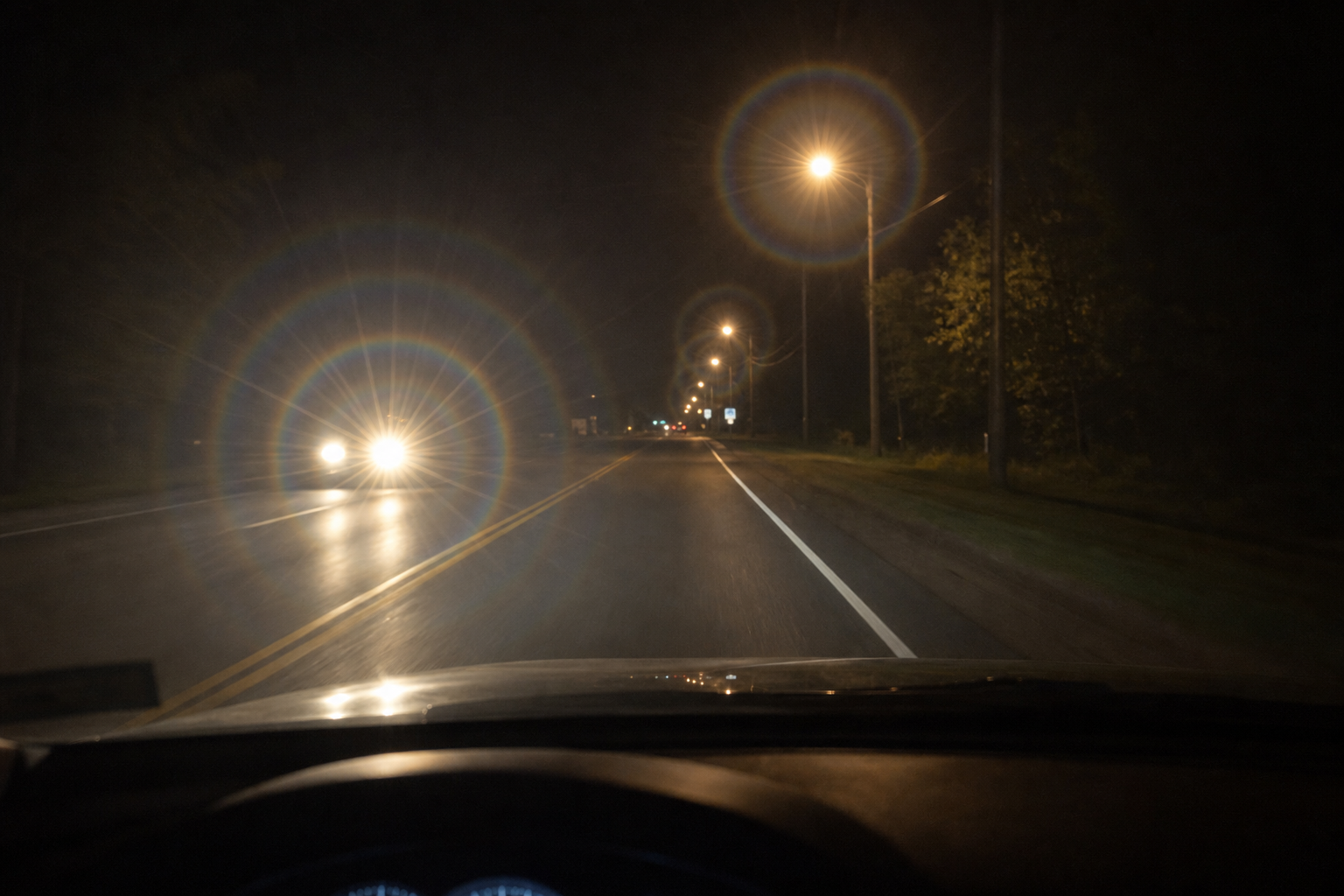 Simulated nighttime driving vision through a multifocal lens: headlights with visible concentric halos and starbursts