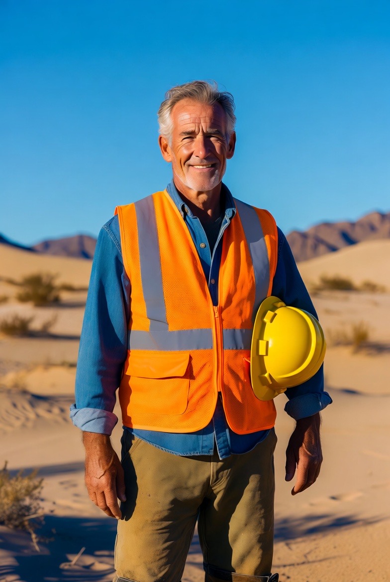 Active senior professional holding a hard hat in the sunny Coachella Valley desert, representing the outdoor workers of Indio